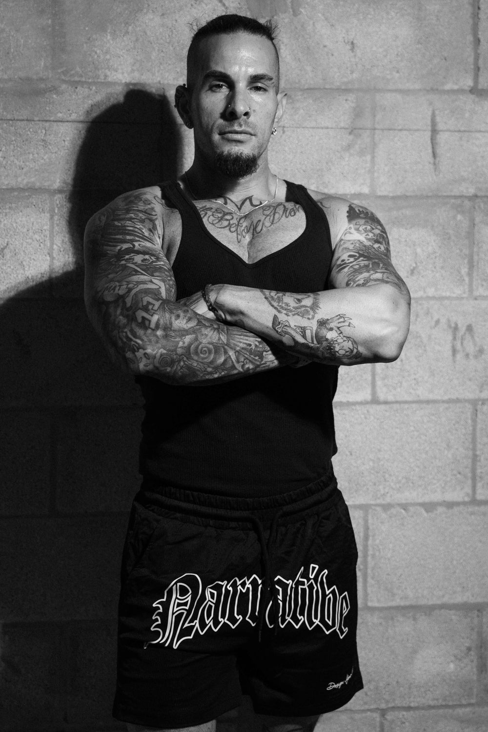 Signature Logo 5 inch inseam Shorts Black, Model Arms Crossed